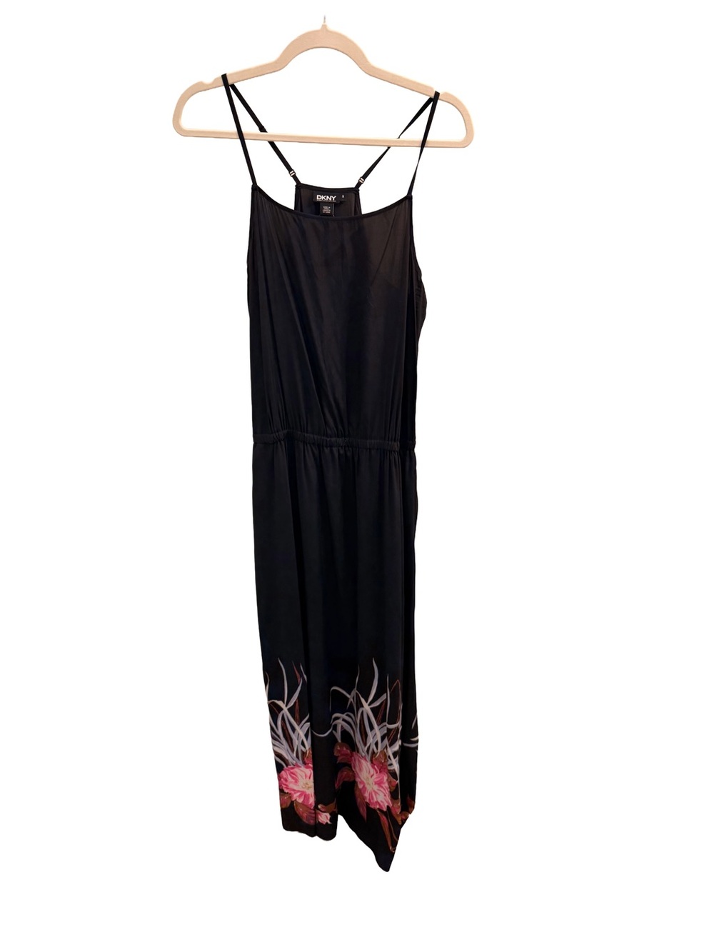 DKNY Black Silk Maxi Dress with Pink Floral Hem
